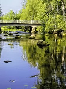 Preview wallpaper landscape, river, bridge, stones, trees, reflection, nature