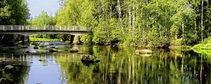 Preview wallpaper landscape, river, bridge, stones, trees, reflection, nature