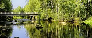 Preview wallpaper landscape, river, bridge, stones, trees, reflection, nature