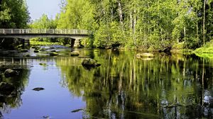 Preview wallpaper landscape, river, bridge, stones, trees, reflection, nature