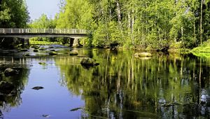 Preview wallpaper landscape, river, bridge, stones, trees, reflection, nature