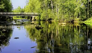 Preview wallpaper landscape, river, bridge, stones, trees, reflection, nature