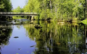 Preview wallpaper landscape, river, bridge, stones, trees, reflection, nature