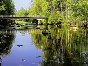 Preview wallpaper landscape, river, bridge, stones, trees, reflection, nature