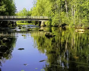 Preview wallpaper landscape, river, bridge, stones, trees, reflection, nature