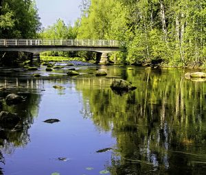 Preview wallpaper landscape, river, bridge, stones, trees, reflection, nature