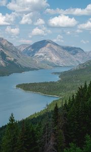 Preview wallpaper landscape, river, forest, mountains, trees, clouds