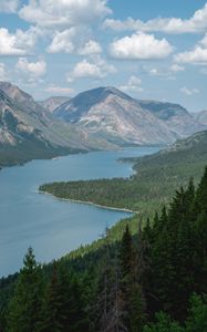 Preview wallpaper landscape, river, forest, mountains, trees, clouds