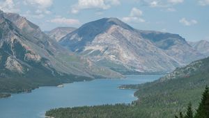 Preview wallpaper landscape, river, forest, mountains, trees, clouds