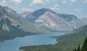 Preview wallpaper landscape, river, forest, mountains, trees, clouds