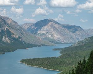 Preview wallpaper landscape, river, forest, mountains, trees, clouds
