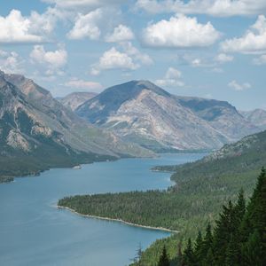 Preview wallpaper landscape, river, forest, mountains, trees, clouds