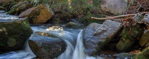 Preview wallpaper landscape, river, forest, stones, water, sun, nature