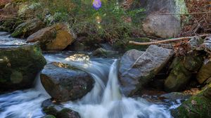 Preview wallpaper landscape, river, forest, stones, water, sun, nature