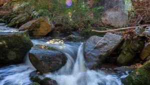 Preview wallpaper landscape, river, forest, stones, water, sun, nature