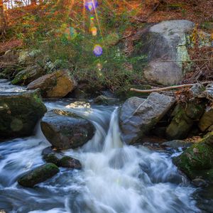 Preview wallpaper landscape, river, forest, stones, water, sun, nature