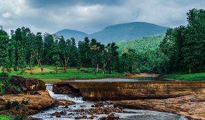 Preview wallpaper landscape, river, mountains, stones, grass