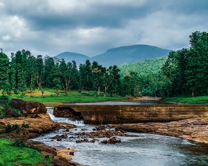 Preview wallpaper landscape, river, mountains, stones, grass