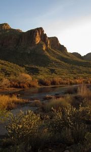 Preview wallpaper landscape, river, rocks, mountains, bushes, trees