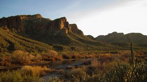 Preview wallpaper landscape, river, rocks, mountains, bushes, trees