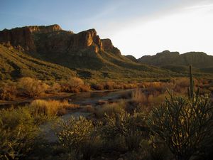 Preview wallpaper landscape, river, rocks, mountains, bushes, trees