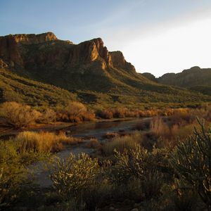 Preview wallpaper landscape, river, rocks, mountains, bushes, trees