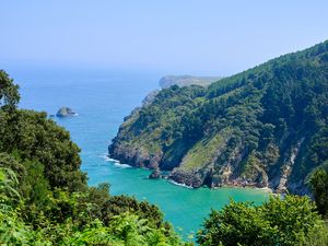 Preview wallpaper landscape, rocks, sea, ocean, trees