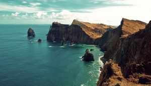 Preview wallpaper landscape, sea, beach, rocks, clouds, day