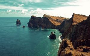 Preview wallpaper landscape, sea, beach, rocks, clouds, day