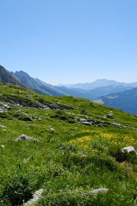 Preview wallpaper landscape, slope, grass, stones, mountains, sky