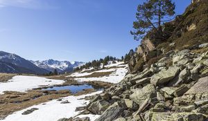 Preview wallpaper landscape, slope, stones, snow, tree
