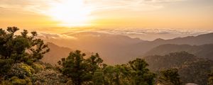 Preview wallpaper landscape, sunrise, mountains, trees, clouds