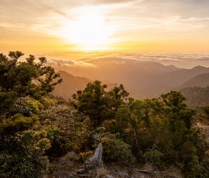 Preview wallpaper landscape, sunrise, mountains, trees, clouds