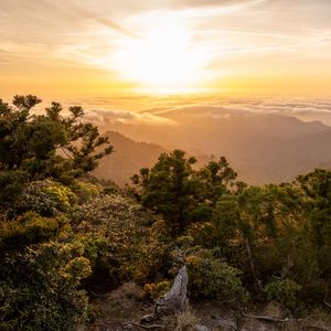 Preview wallpaper landscape, sunrise, mountains, trees, clouds