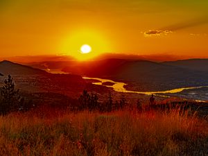 Preview wallpaper landscape, sunset, river, hills