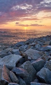 Preview wallpaper landscape, sunset, sea, stones, shore