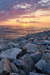 Preview wallpaper landscape, sunset, sea, stones, shore