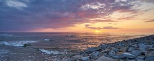 Preview wallpaper landscape, sunset, sea, stones, shore