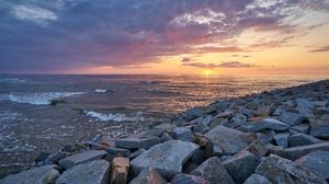 Preview wallpaper landscape, sunset, sea, stones, shore