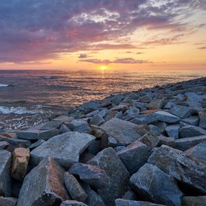 Preview wallpaper landscape, sunset, sea, stones, shore