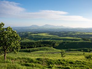 Preview wallpaper landscape, trees, hills, sky, grass