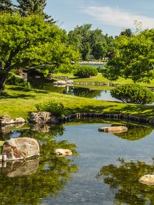 Preview wallpaper landscape, trees, stones, pond, grass