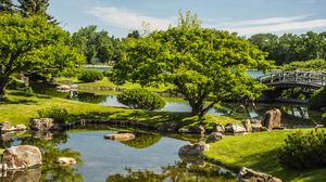 Preview wallpaper landscape, trees, stones, pond, grass