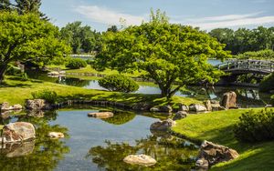 Preview wallpaper landscape, trees, stones, pond, grass