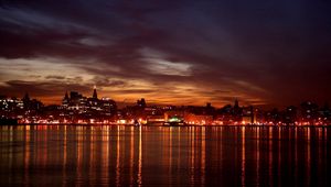 Preview wallpaper landscape, view, skyscraper, house, building, reflection, night, water, lights, promenade, sky, bay