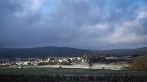 Preview wallpaper landscape, village, field, sky, clouds, nature