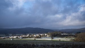 Preview wallpaper landscape, village, field, sky, clouds, nature