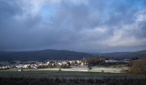 Preview wallpaper landscape, village, field, sky, clouds, nature