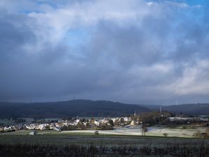 Preview wallpaper landscape, village, field, sky, clouds, nature