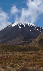 Preview wallpaper landscape, volcano, mountain, sky, clouds, grass, nature
